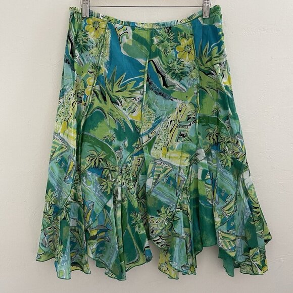 Bila Scarf Hem Skirt L Green Floral Asymmetrical Artsy Flowy Hawaiian Tropical - Picture 2 of 10